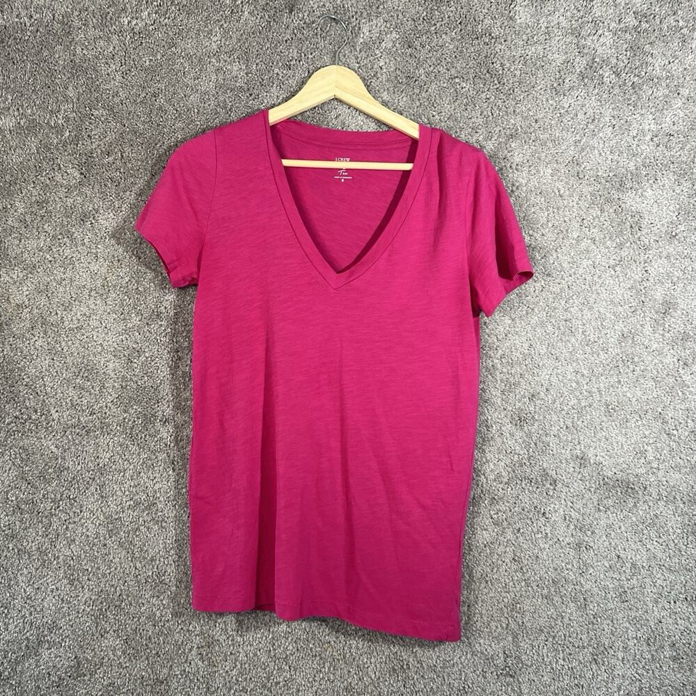 J. Crew Slub Cotton Tee T- Shirt Womens Small Pink Fuchsia Short Sleeve V-Neck